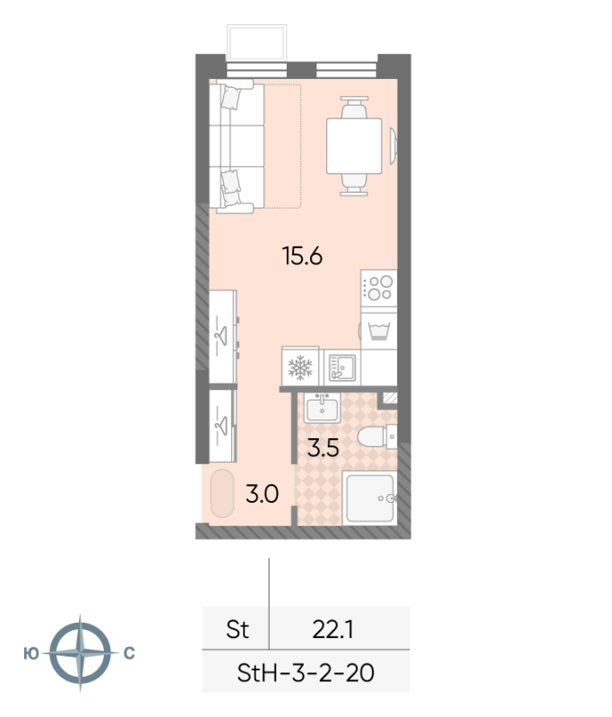 Студия 22,1 м²