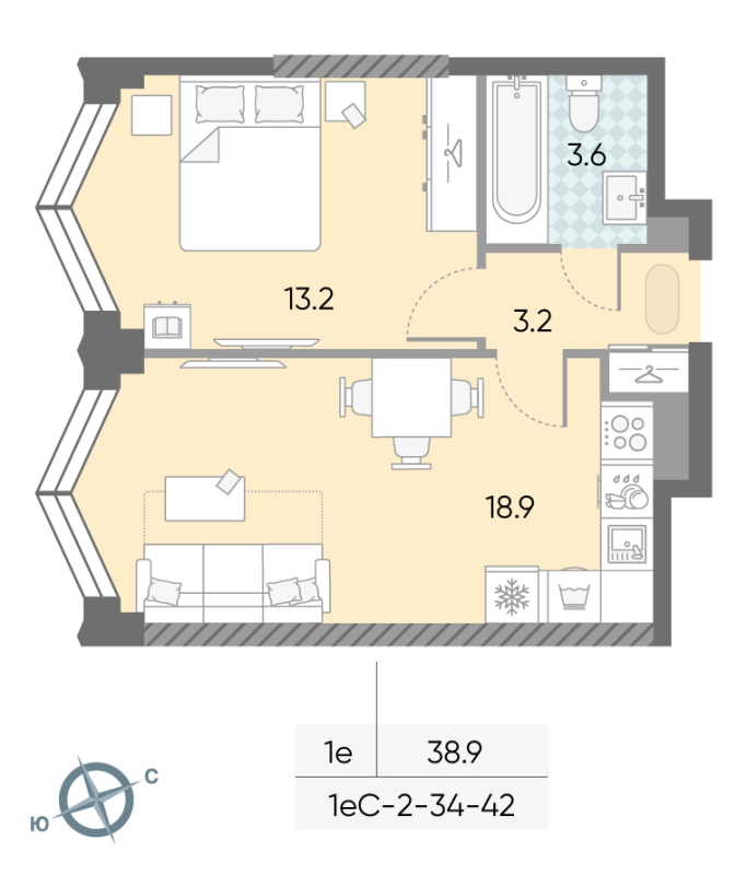 2 ккв (Евро) 38,9 м²