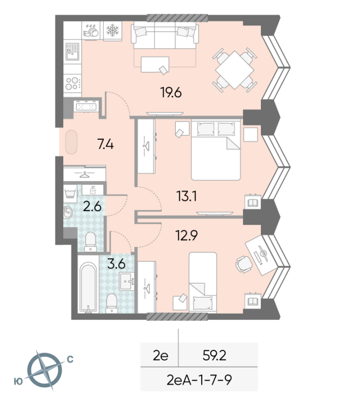 3 ккв (Евро) 59,2 м²