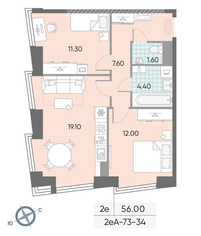 3 ккв (Евро) 56 м²