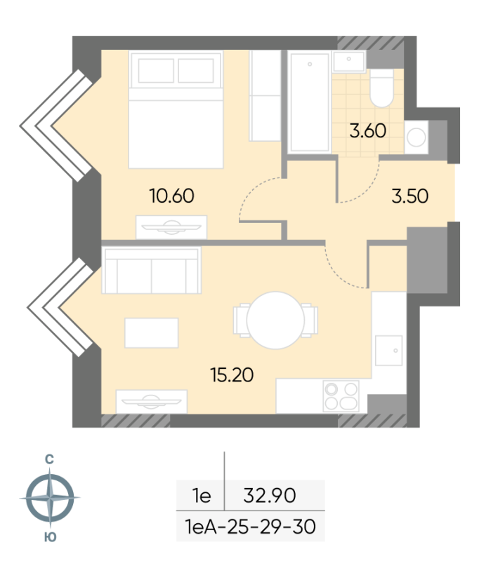 2 ккв (Евро) 32,9 м²
