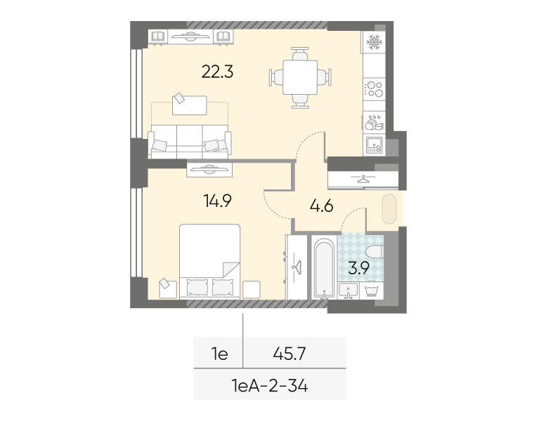 2 ккв (Евро) 45,7 м²