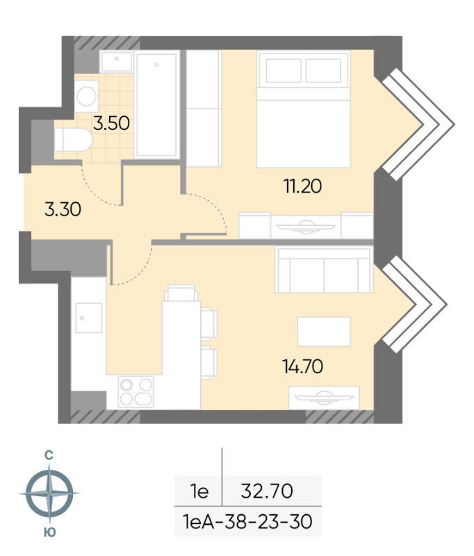 1 ккв 32,7 м²