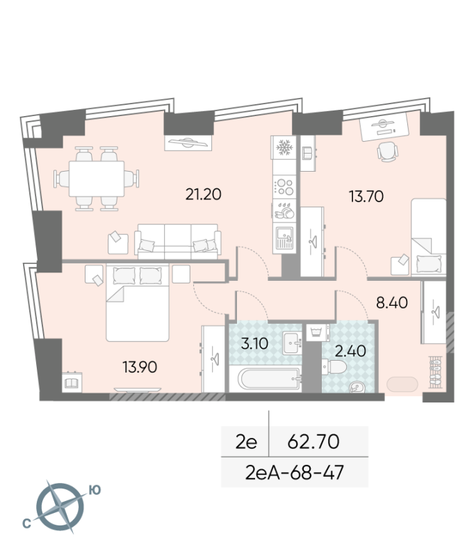 3 ккв (Евро) 62,7 м²