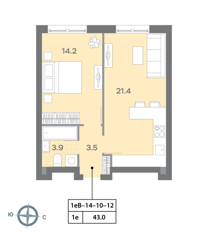 2 ккв (Евро) 42,9 м²