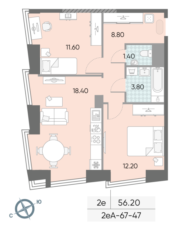 3 ккв (Евро) 56,2 м²