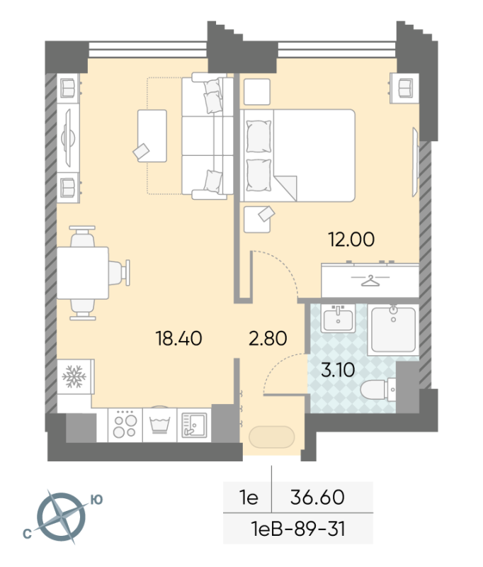 2 ккв (Евро) 36,3 м²