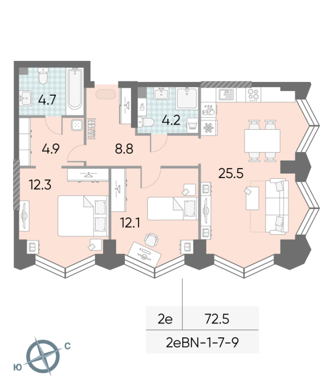 3 ккв (Евро) 72,5 м²