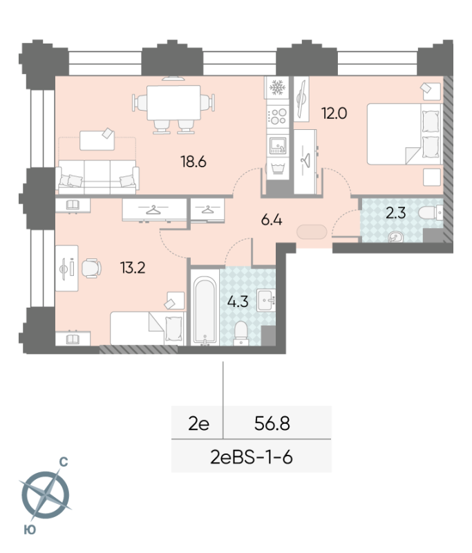 3 ккв (Евро) 56,8 м²
