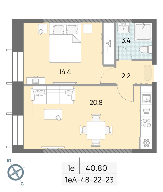 2 ккв (Евро) 40,9 м²