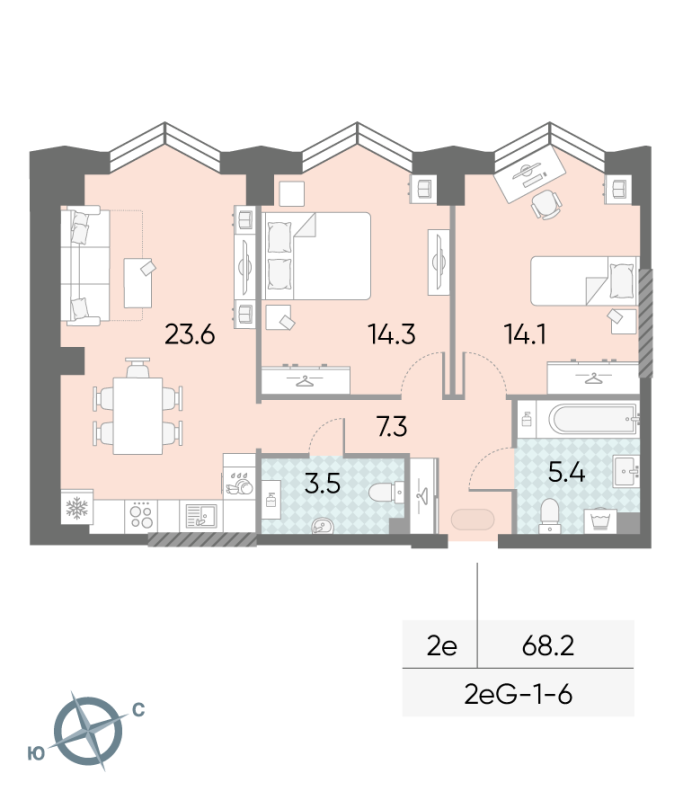 3 ккв (Евро) 68,2 м²