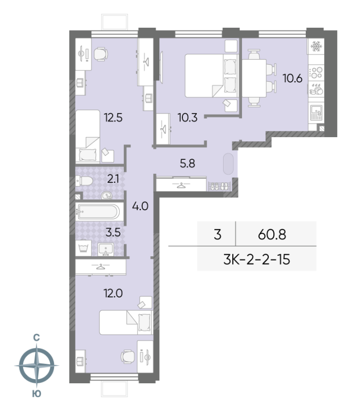 3 ккв 60,8 м²