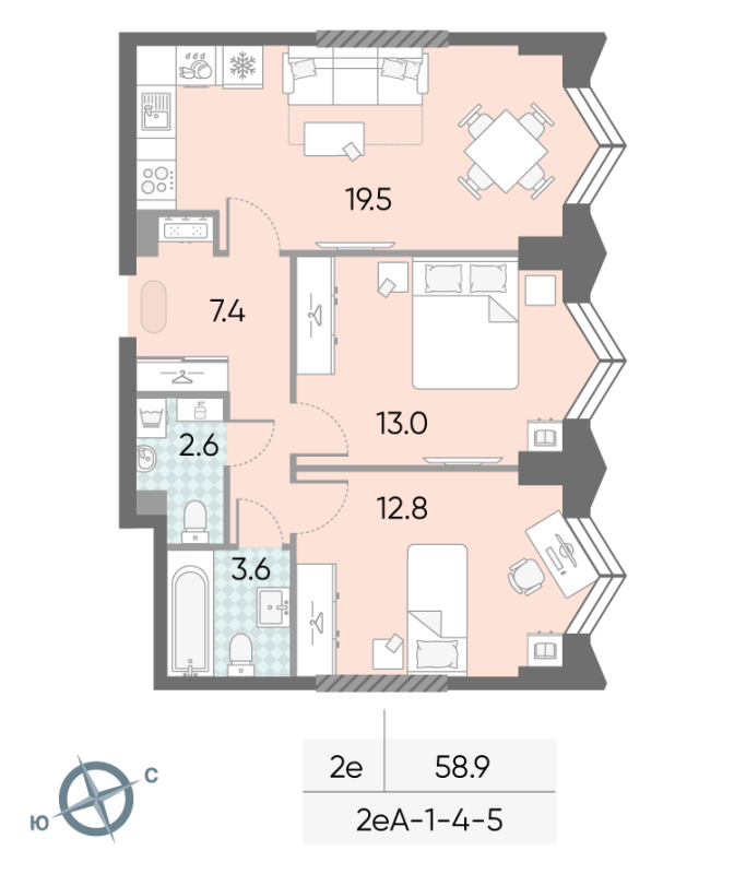 3 ккв (Евро) 58,9 м²