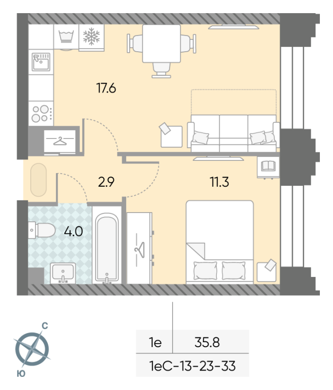 2 ккв (Евро) 35,8 м²
