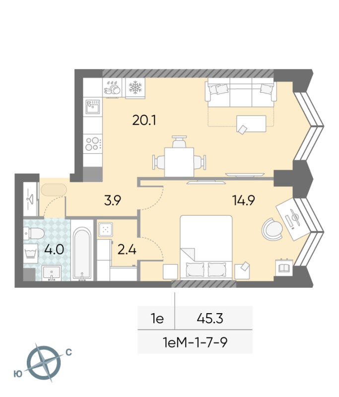 2 ккв (Евро) 45,3 м²