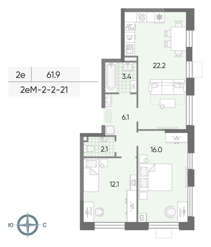 3 ккв (Евро) 61,9 м²