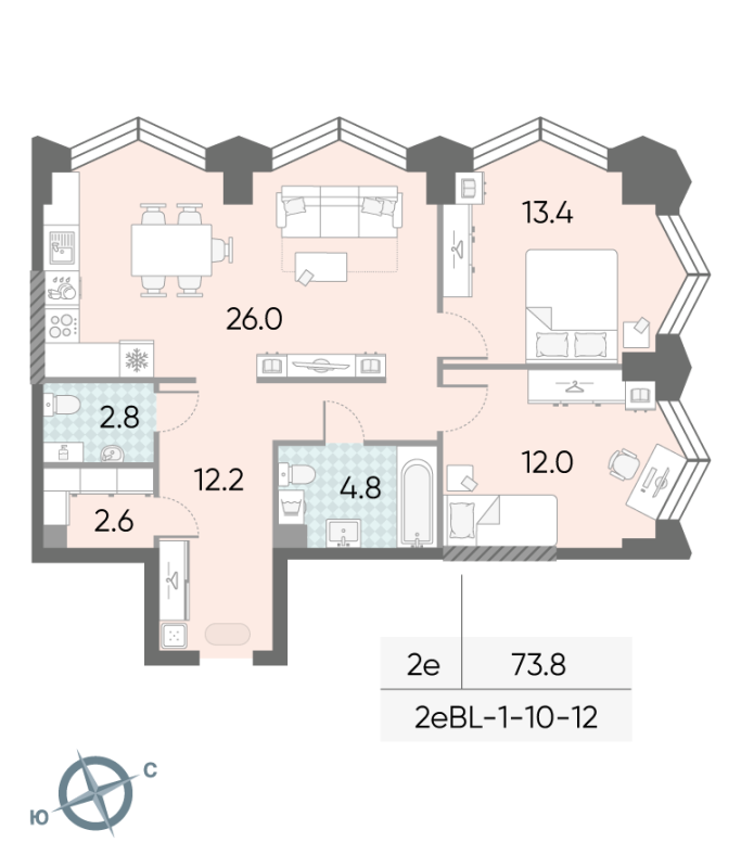3 ккв (Евро) 73,8 м²