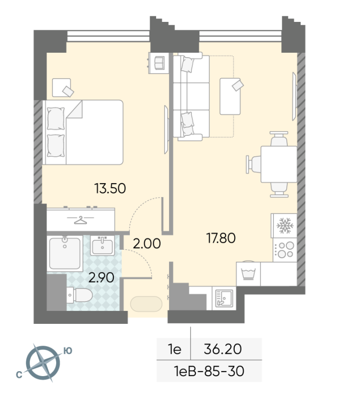 2 ккв (Евро) 36,2 м²