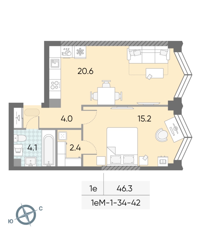 2 ккв (Евро) 46,3 м²