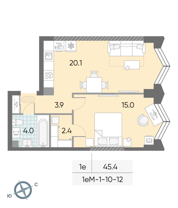 2 ккв (Евро) 45,4 м²