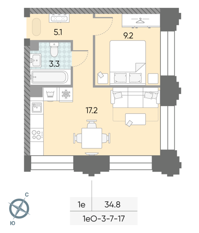 2 ккв (Евро) 34,8 м²