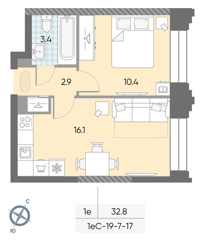 2 ккв (Евро) 32,8 м²