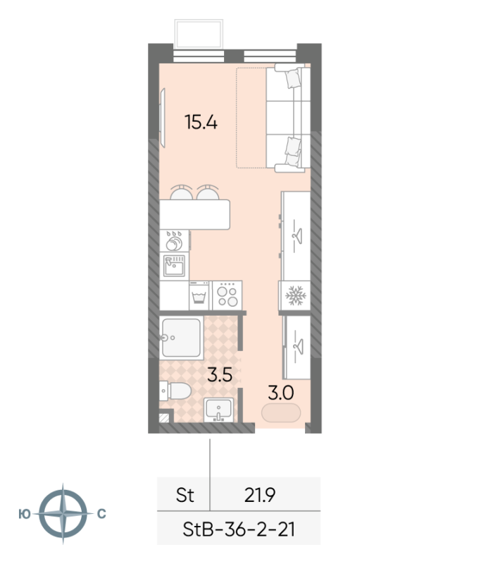 Студия 21,9 м²