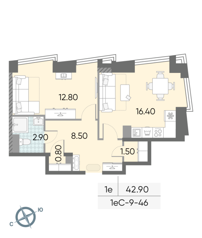 2 ккв (Евро) 42,9 м²