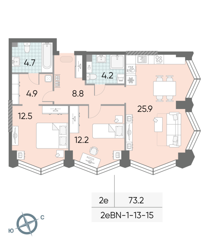 3 ккв (Евро) 73,2 м²