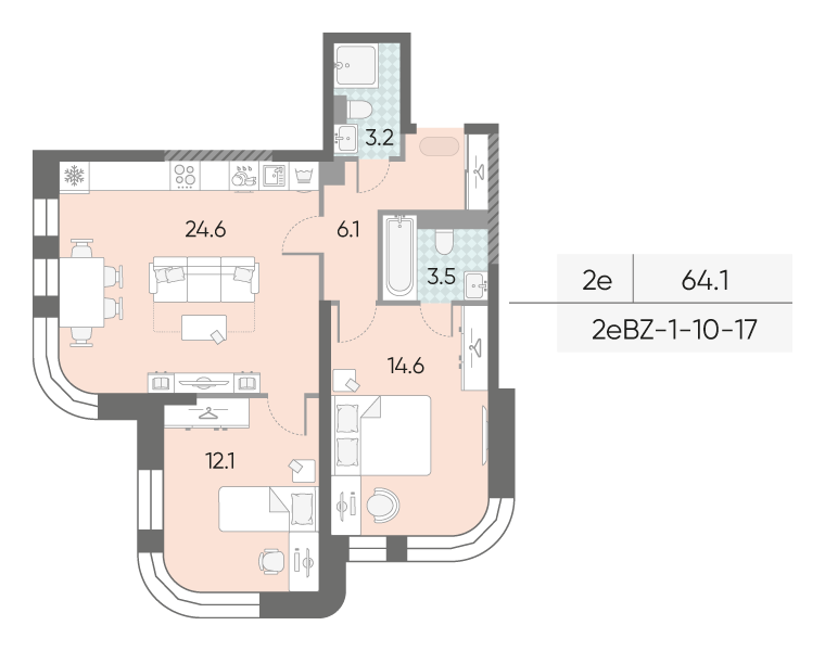 3 ккв (Евро) 64,1 м²
