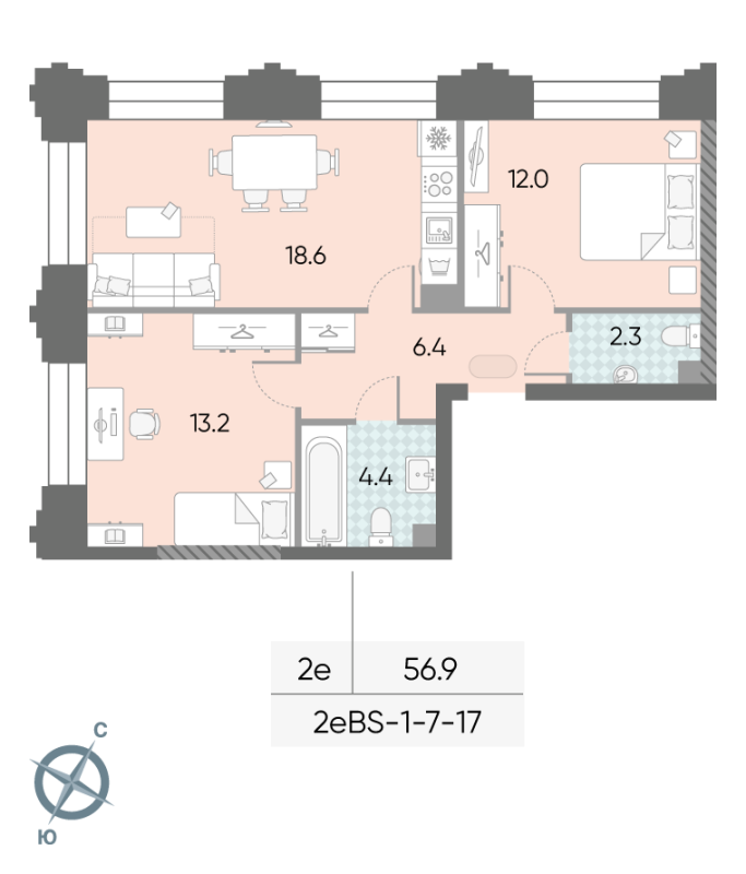 3 ккв (Евро) 56,9 м²