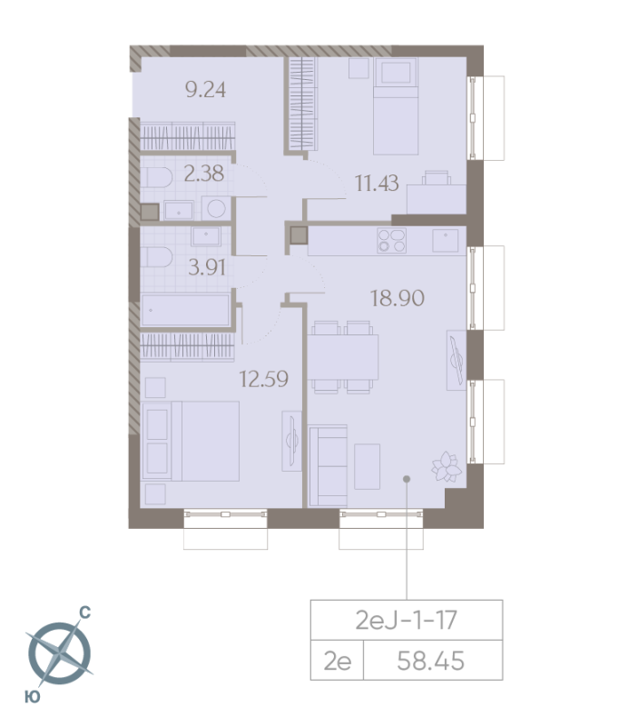 3 ккв (Евро) 58,6 м²