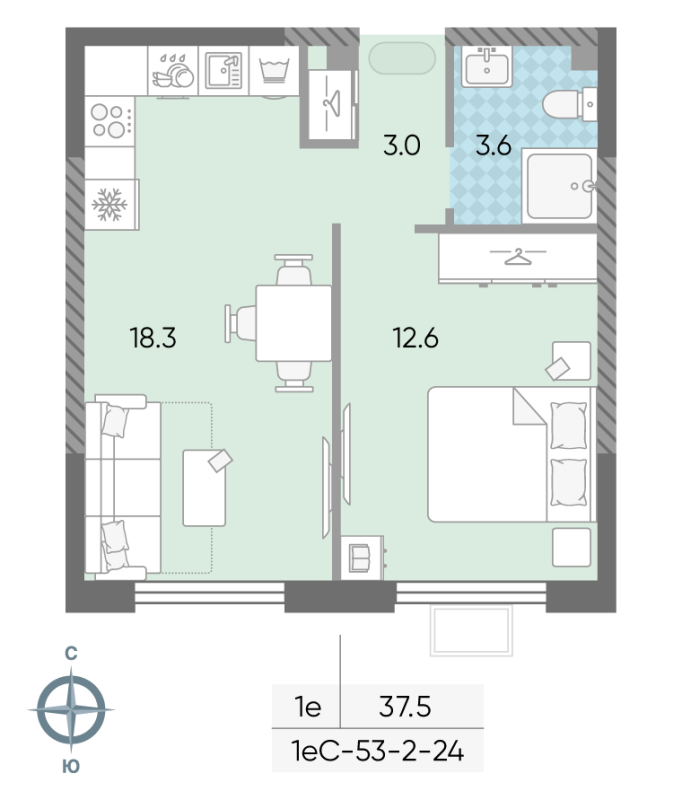 2 ккв (Евро) 37,4 м²