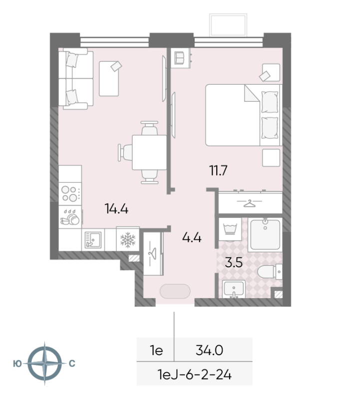 1 ккв 34 м²