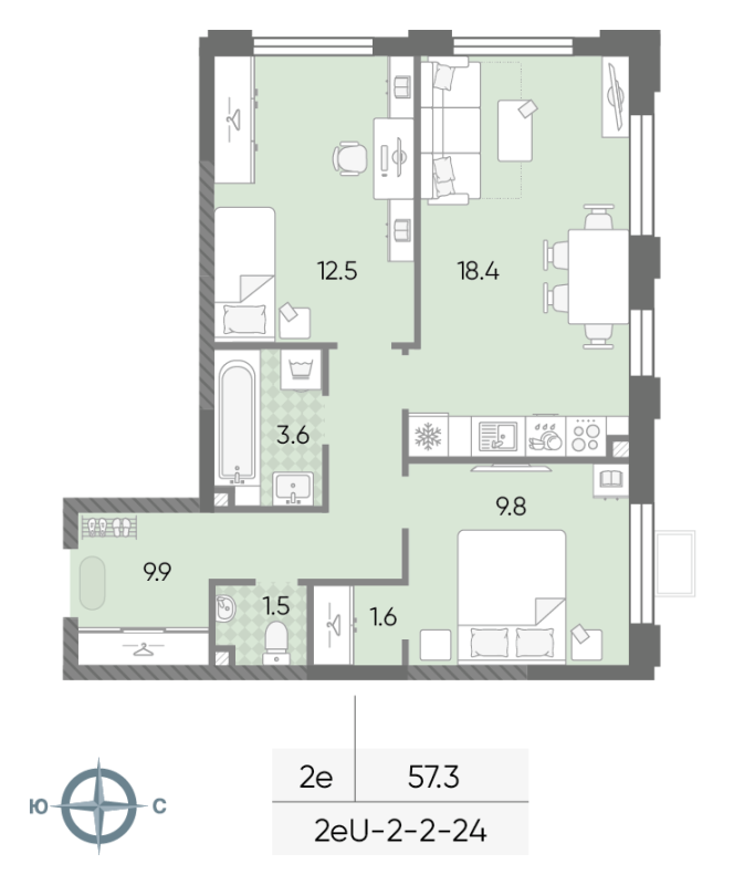 3 ккв (Евро) 57,3 м²