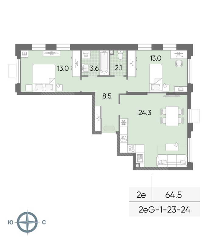 3 ккв (Евро) 64,5 м²