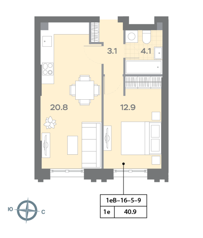 2 ккв (Евро) 40,9 м²