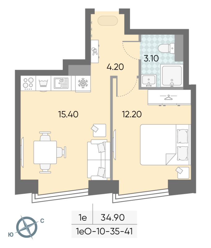 2 ккв (Евро) 34,9 м²