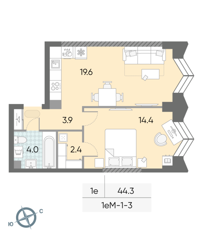 2 ккв (Евро) 44,3 м²