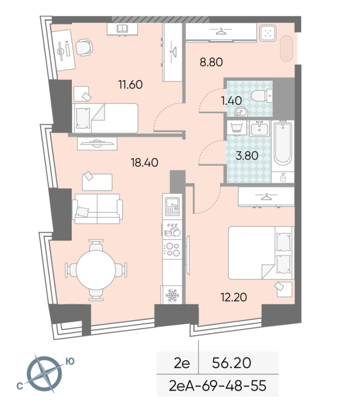 3 ккв (Евро) 56,2 м²