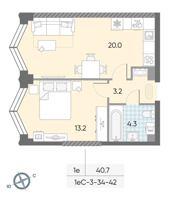 2 ккв (Евро) 40,7 м²