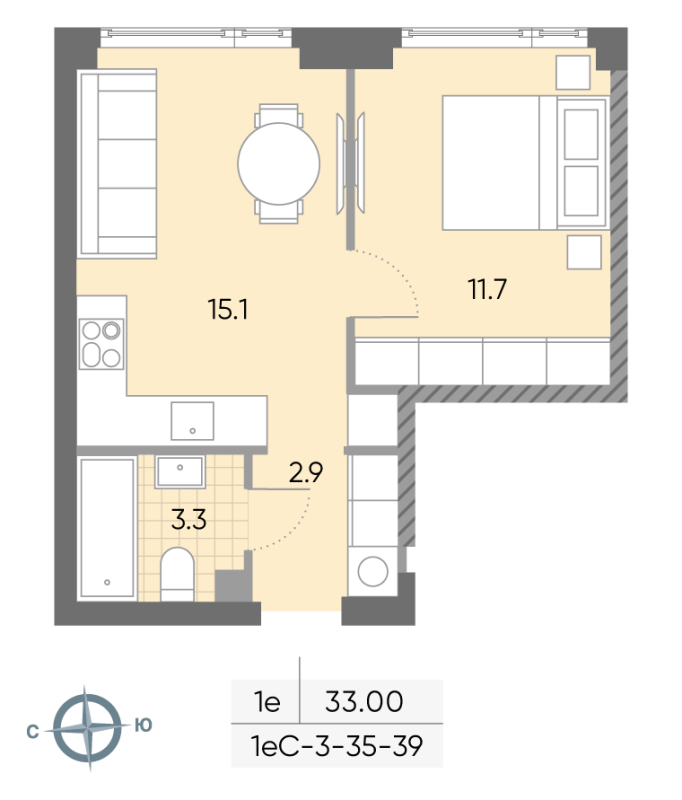 2 ккв (Евро) 33,5 м²