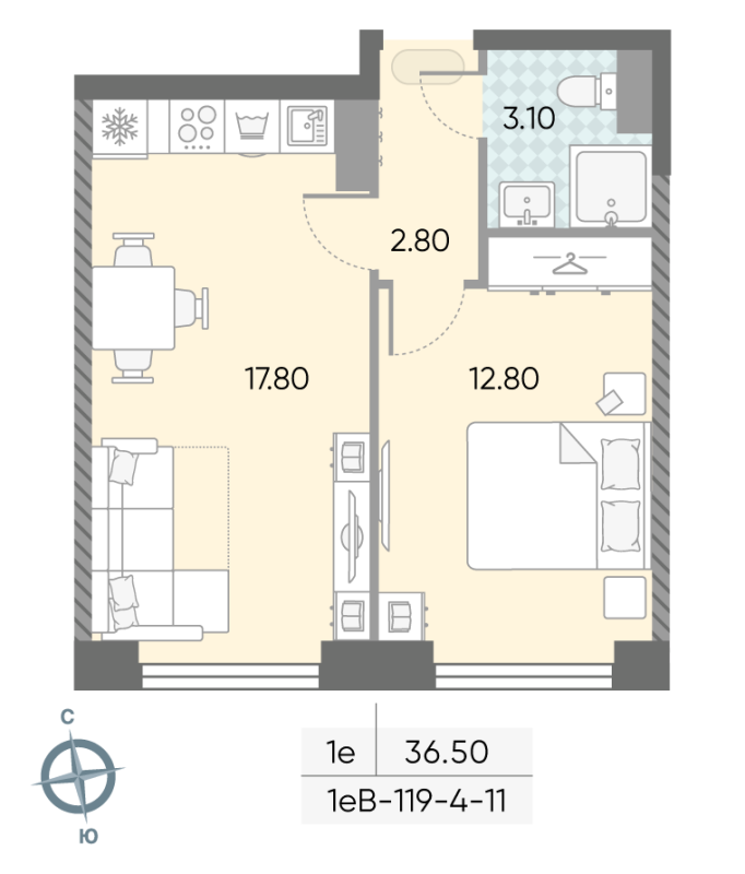 2 ккв (Евро) 36,5 м²