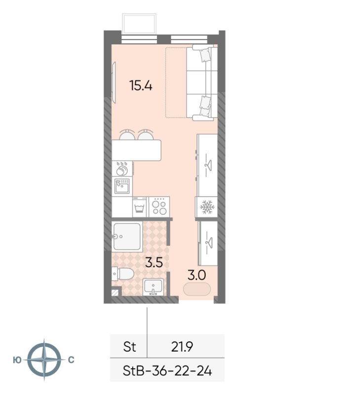 Студия 21,9 м²