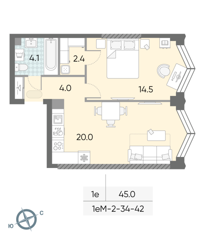 2 ккв (Евро) 45 м²