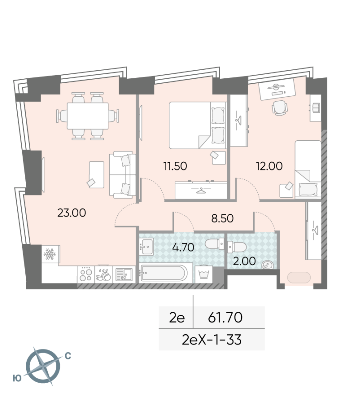 3 ккв (Евро) 61,7 м²