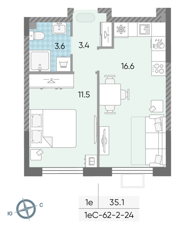 2 ккв (Евро) 34,1 м²