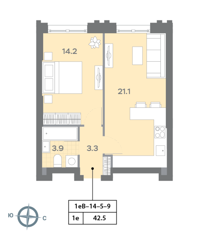 2 ккв (Евро) 42,6 м²