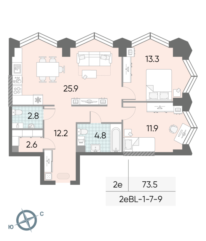 3 ккв (Евро) 73,5 м²
