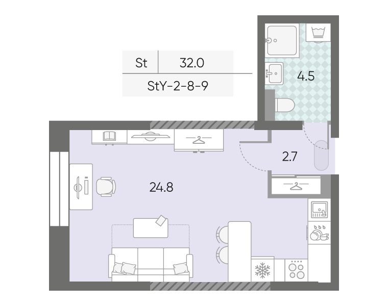 Студия 32 м²